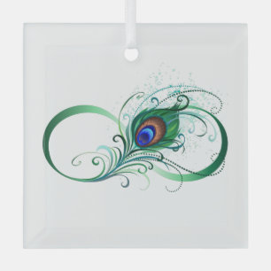 Ornement En Verre Symbole d'infini avec plume de paon