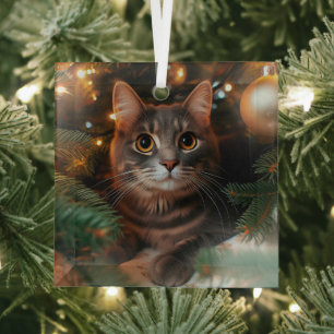 Ornement En Verre Tabby Gris en verre de chat