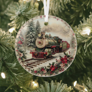 Ornement En Verre Train de Noël vintage dans une forêt enneigée