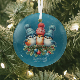 Ornement En Verre Trois Songbirds En Bleu Rouge Casquettes