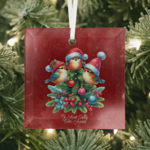 Ornement En Verre Trois Songbirds En Casquette Rouge