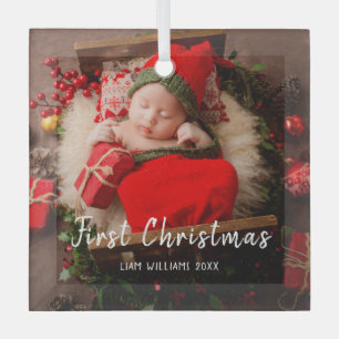 Ornement En Verre Un bébé photo premier Noël moderne texte blanc