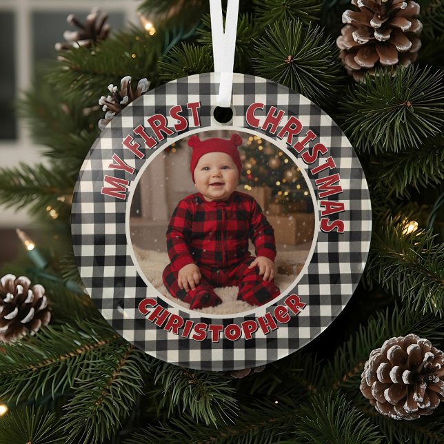 Ornement En Verre Vacances Noir et Blanc Plaid First Christmas Custo (Créateur téléchargé)