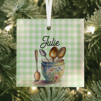 Ornement En Verre "Vert et Blanc à Damier - Cuillères dans Tasse