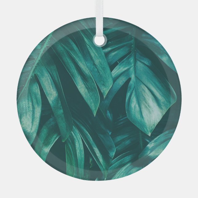 Ornement En Verre Vert foncé, feuillage de jungle tropicale. (Recto)