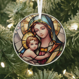 Ornement En Verre Vierge Vitrail Marie et Jésus