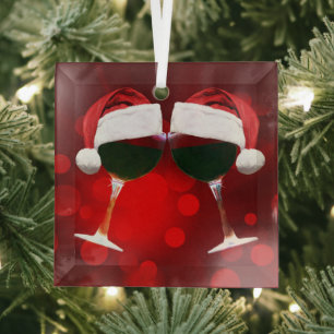 Ornement En Verre Vin mignon et chapeau de Santa Hat à des vacances 