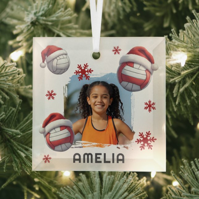 Ornement En Verre Volleyball Santa Hat Name Photo Christmas  (Insitu)