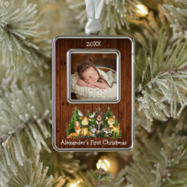 Ornement Encadrement Doré Baby First Christmas Bois Animaux Photo Rustique