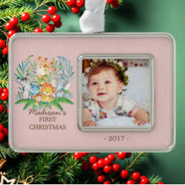 Ornement Encadrement Doré Jungle Girls Baby's 1st Christmas Photo Ornament