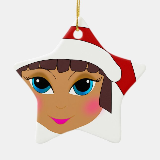 Ornement Étoile En Céramique Anime Girl avec Casquette Père Noël (Devant)