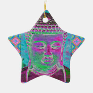 Ornement Étoile En Céramique Bouddha Pop en Magenta et Turquoise