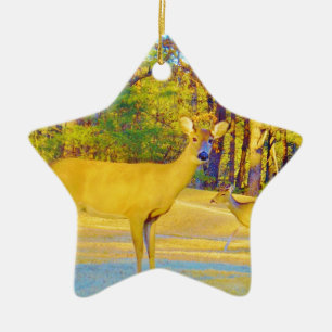 Ornement Étoile En Céramique Cerf de couleur moutarde avec bleu clair