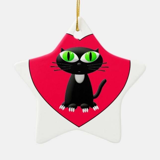 Ornement Étoile En Céramique Chat noir dans le coeur rouge (Devant)