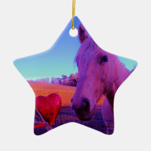 Ornement Étoile En Céramique Cheval Brown et Coeur Rouge (Devant)