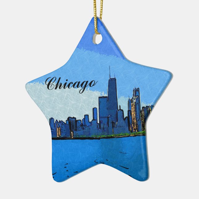 Ornement Étoile En Céramique Chicago Skyline en peinture de collage (Gauche)