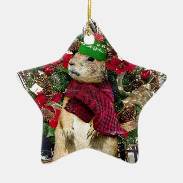 Ornement Étoile En Céramique Chien de prairie de Noël (Devant)