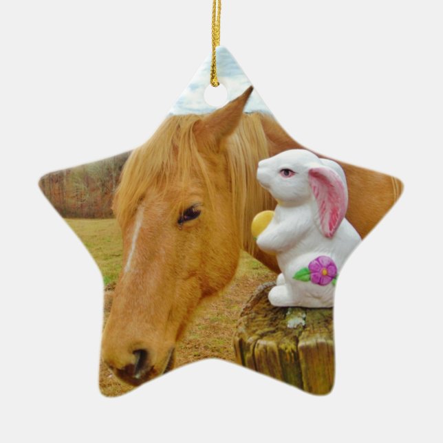 Ornement Étoile En Céramique Lapin blanc et cheval jaune blond (Devant)