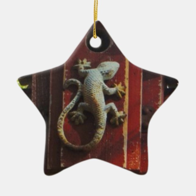 Ornement Étoile En Céramique lézard gris sur bois usé (Devant)