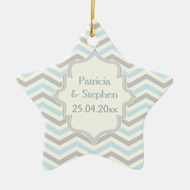 Ornement Étoile En Céramique Motif moderne bleu, gris, ivoire chevron (Devant)