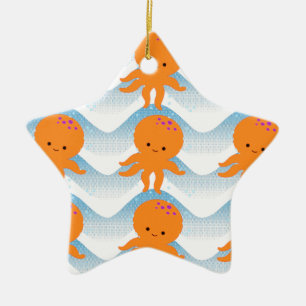 Ornement Étoile En Céramique Motif Octopus Orange Et Vagues Bleues