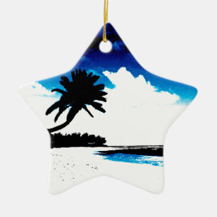 Ornement Étoile En Céramique Palmier blanc noir bleu Silhouette