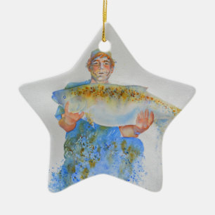 Ornement Étoile En Céramique Pêcheur peinture d'aquarelle cadeau de pêche pour