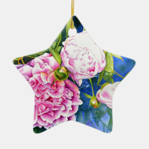 Ornement Étoile En Céramique Peinture rose blanc romantique floral