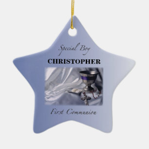 Ornement Étoile En Céramique Personnaliser, Garçon, Première communion bleue