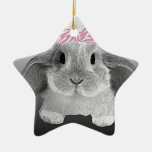 Ornement Étoile En Céramique Petit lapin adorable avec un arc rose