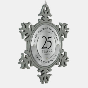 Ornement Flocon De Neige 25e anniversaire du mariage noir et argent