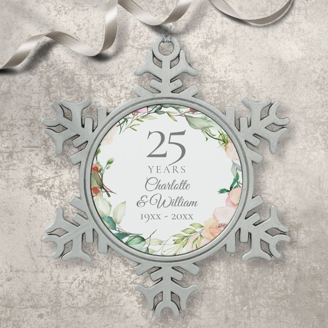 Ornement Flocon De Neige 25e anniversaire Mariage d'argent Aquarelle floral (25th Silver Wedding Anniversary Floral Watercolor Snowflake Pewter Christmas Ornament)