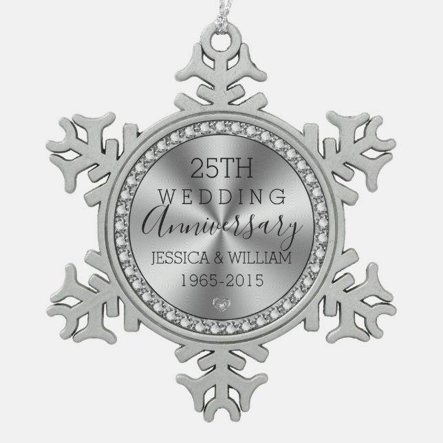 Ornement Flocon De Neige 25e anniversaire mariage diamants et argent (Devant)