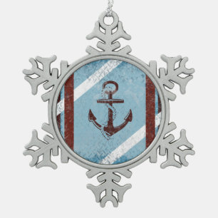 Ornement Flocon De Neige Ancre Nautique Rétro Rouge Bleu Grunge Distressed