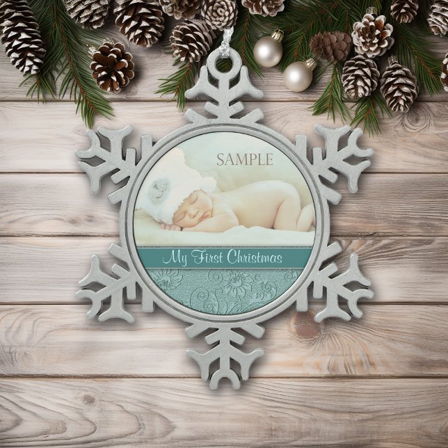 Ornement Flocon De Neige Aqua Floral Swirl Baby First Christmas (Créateur téléchargé)