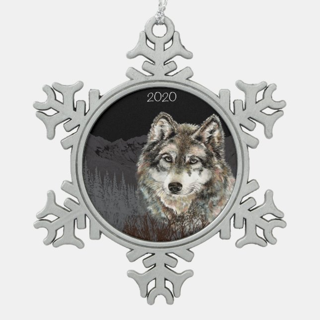 Ornement Flocon De Neige Aquarelle personnalisée Wolf & Mountain Art (Devant)
