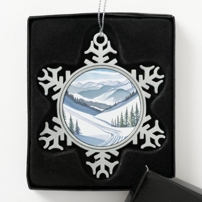 Ornement Flocon De Neige Aquarelle Ski Mountain (Boîte)
