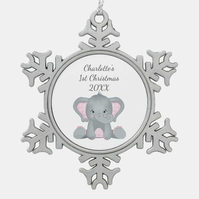 Ornement Flocon De Neige Baby Elephant rose bébé personnalisé 1er Noël (Devant)