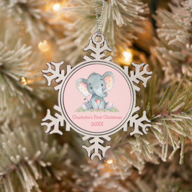 Ornement Flocon De Neige Baby First Christmas Aquarelle Elephant rose (Arbre)