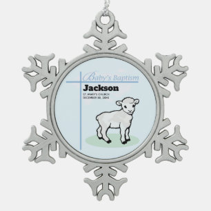 Ornement Flocon De Neige Baptême Agneau de garçon bleu, personnalisable