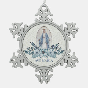 Ornement Flocon De Neige Bienheureuse Vierge Marie Fleurs Bleues Dentelle