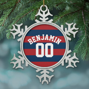 Ornement Flocon De Neige Bleu et rouge de la Marine Rugby Numéro de nom