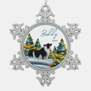 Ornement Flocon De Neige Border Collie dans la forêt enneigée d'hiver arbre