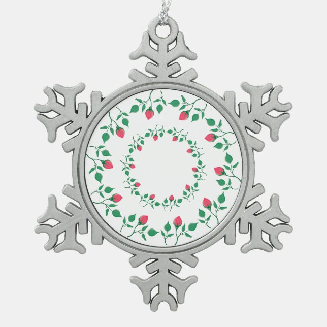 Ornement Flocon De Neige Cadre rond fleuri avec fleurs roses (Devant)