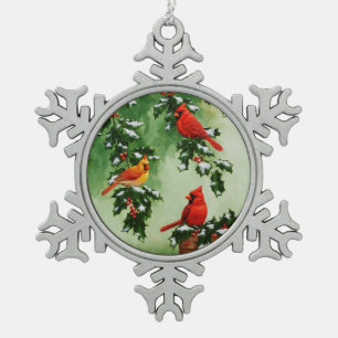 Ornement Flocon De Neige Cardinaux rouges du Nord et houx