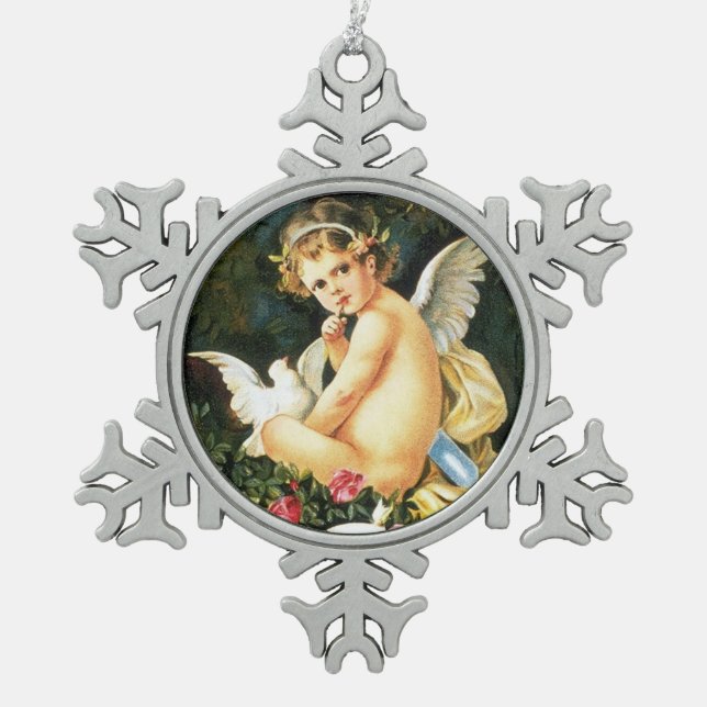 Ornement Flocon De Neige Cherub Cupid Dove Coeur Rose (Devant)