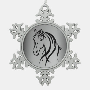 Ornement Flocon De Neige Cheval tête sur argent