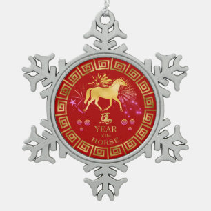 Ornement Flocon De Neige Chinois Zodiac Horse Rouge/Or ID542
