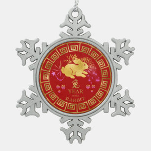Ornement Flocon De Neige Chinois Zodiac Rabbit Rouge/Or ID542