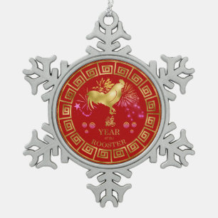 Ornement Flocon De Neige Chinois Zodiac Rooster Rouge/Or ID542